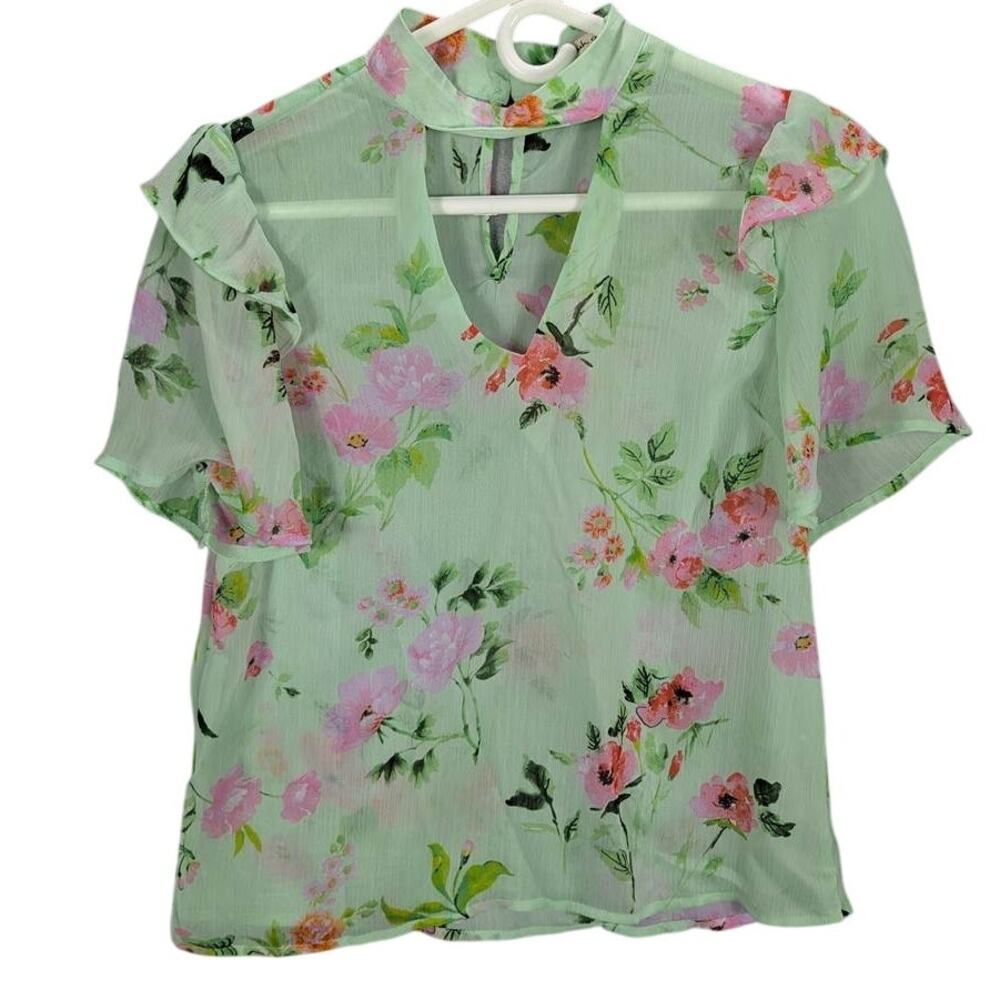 Bleuh Ciel Blouse Womens Medium Mint Green Floral Sheer Button Ruffled Romantic